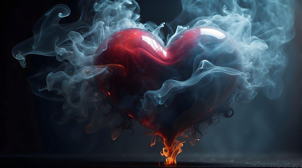 AI generated image of a bright red heart shape with flames at the bottom tip, enveloped by smoke against a dark background.