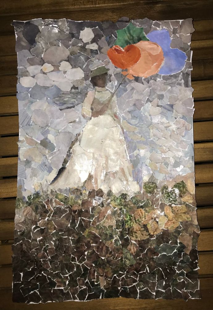 A woman in a white early 19th century dress with a big long A-line shaped skirt, that is ruffled on the back and falling in wide horizontal layers on the front side, with a slim fitting blouse, is wearing a a green hat. 
She is standing on a greenish, core and brown colored ground, looking to the right side while holding balloons: a big blue and a smaller copper colored heart shaped ballon, a round apricot colored ballon and a green star shaped balloon. The wind is causing the cord that holds the ballons to be tight. They are blowing to the right side. 
The lighter background over the meadow- aka the sky is moody with some big clouds. The colors are calm and quiet, just the balloons are popping out.