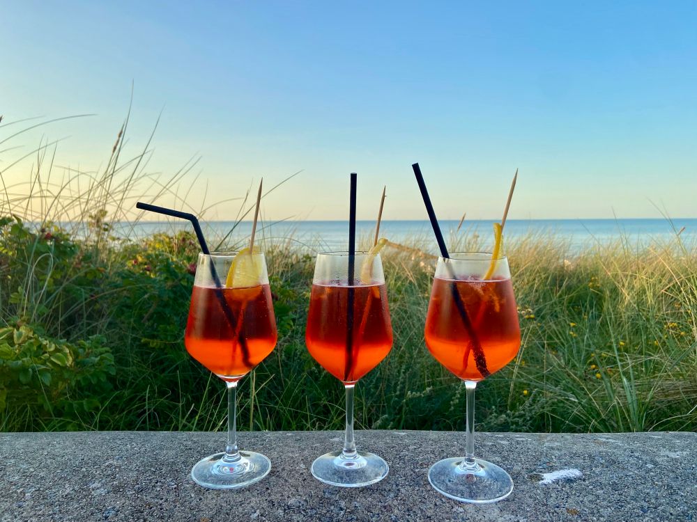 Three wine glasses with a vibrant orange colored cocktail, with black straws and yellow lemon slices on wooden picks inside, are standing on a little wall in front of rose bushes at a beach, with the light blue ocean and light blue and orange sky in the background. Everything is illuminated beautifully and vibrantly by the setting sun.