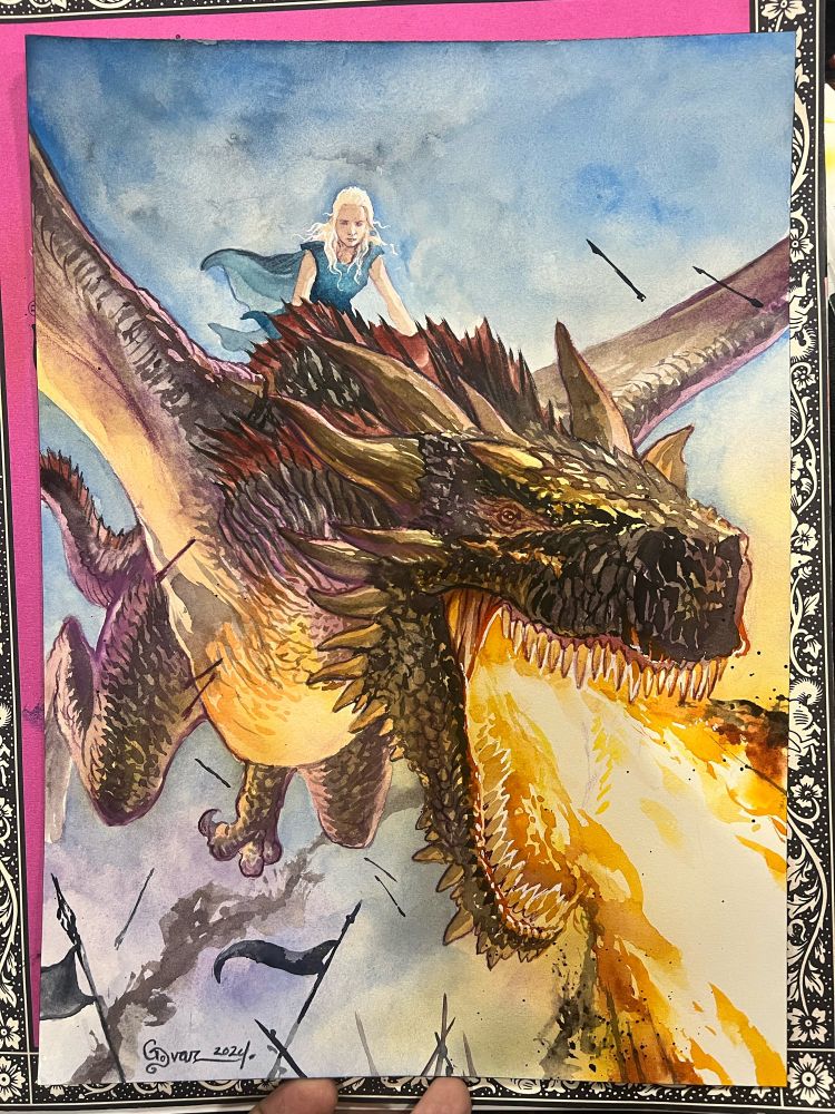 Game of Thrones Daenerys riding her dragon breathing fire over an army.