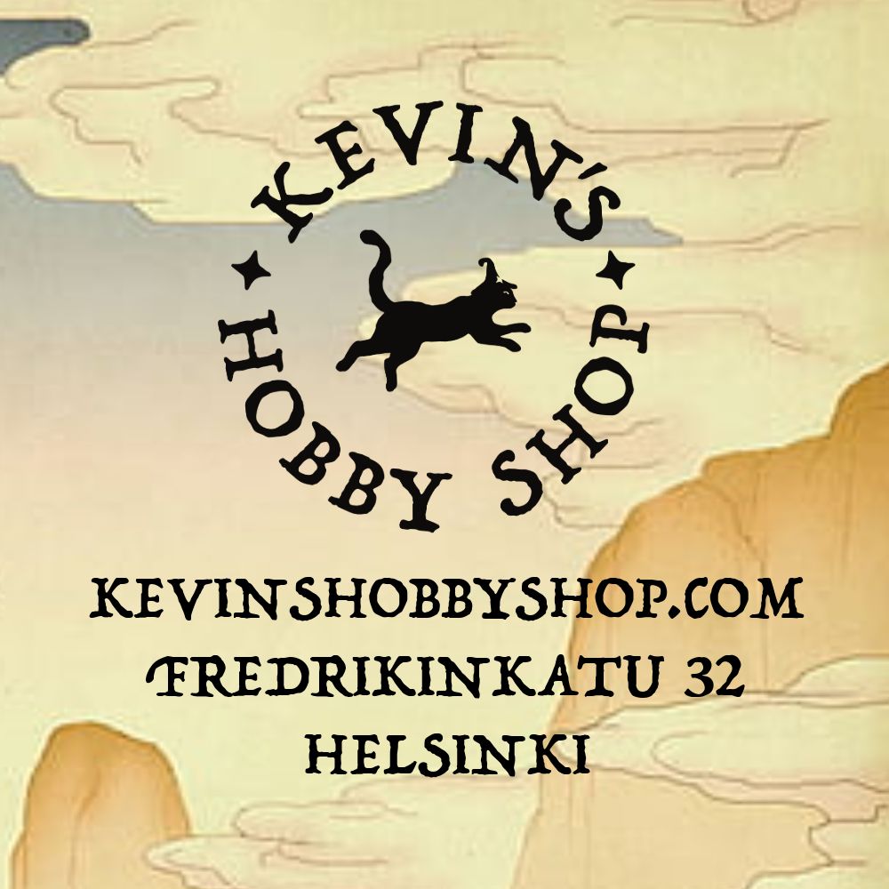 Sky background with Kevin's Hobby Shop logo and the words "kevinshobbyshop.com" with the address "Fredrikinkatu 32, Helsinki"