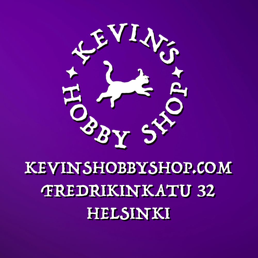 Purple background with Kevin's Hobby Shop logo and the words "kevinshobbyshop.com" with the address "Fredrikinkatu 32, Helsinki"