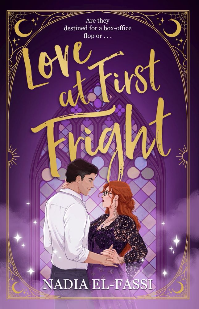 Love at First Fright by Nadia El-Fassi. A dark haired cis man and a ginger haired cis woman stand in front of a purple stained glass window 