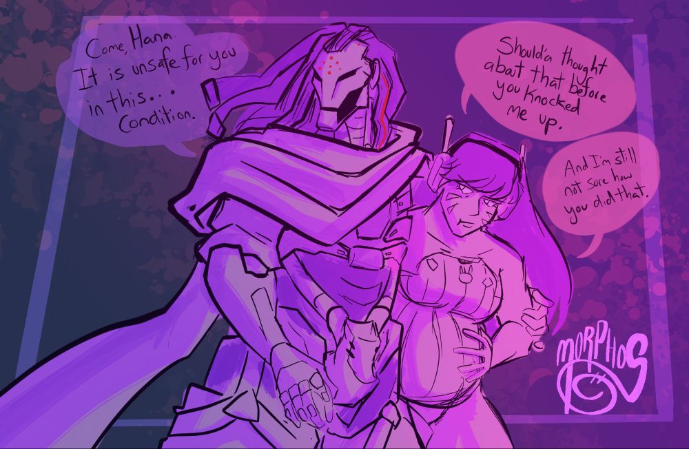 A protective Ramattra has an arm around D.Va escorting her to safety while heavily pregnant. He knocked her the hell up. Who knows how.