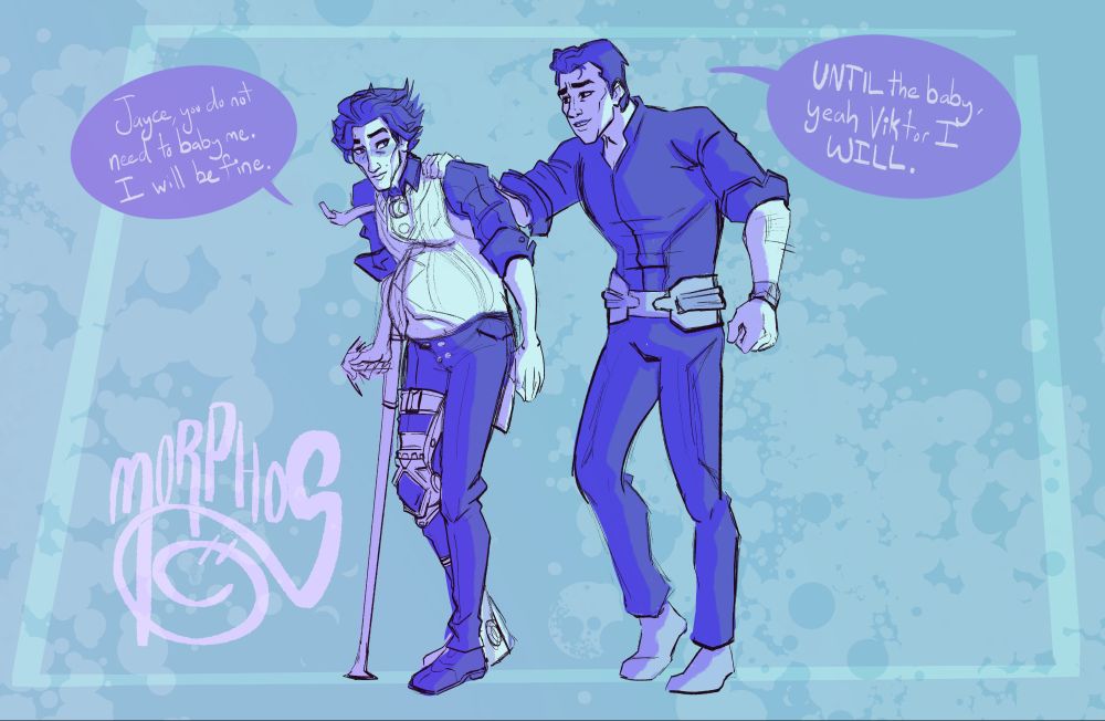 mpreg Viktor with Jayce, fretting over the kiddo