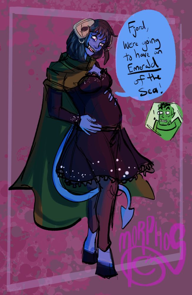 Pregnant Jester from Critical Role holding tummy