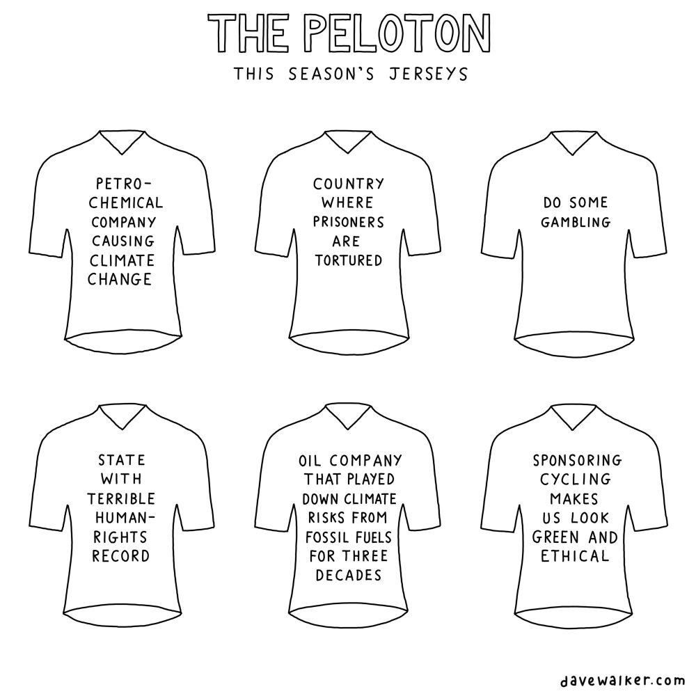 Cycling jerseys, drawing in black and white with text as follows:
- 'Petro-chemical company causing climate change'
- 'Country where prisoners are tortured'
- 'Do some gambling'
- 'State with terrible human rights record'
- 'Oil company that downplayed the risks from climate change for three decades'
- 'Sponsoring cycling makes us look green and ethical'