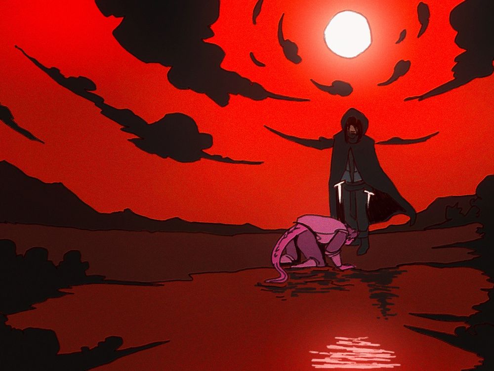A hooded figure bearing knives stands over a pink tiefling kneeling in water. The sky and water is blood red, and a black fog is moving in.