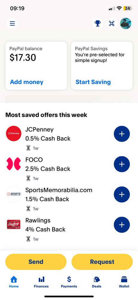 A screenshot of the PayPal app, showing a balance of $17.30.