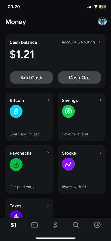 A screenshot of the Cash App app, showing a balance of $1.21.