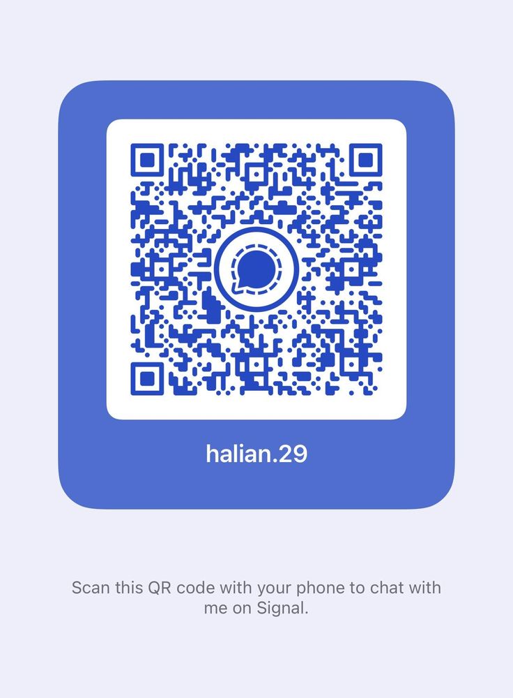 A purple QR code on a white background, for adding Hâlian to Signal. In the center is the Signal logo, below that is the username halian.29, and below that is the text “Scan this QR code with your phone to chat with me on Signal.”.