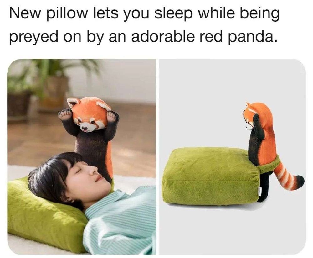 New pillow lets you sleep while being preyed on by an adorable red panda.

Images show a woman sleeping face up on a green pillow. A plush red panda with front paws raised looks down upon her from the side.