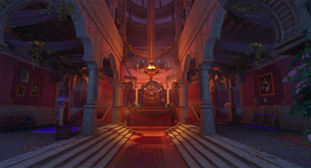 Screenshot from the game "En Garde!". A symmetrical room is shades of red, with a yellow light at the center. The architecture is in the Mudejar style.