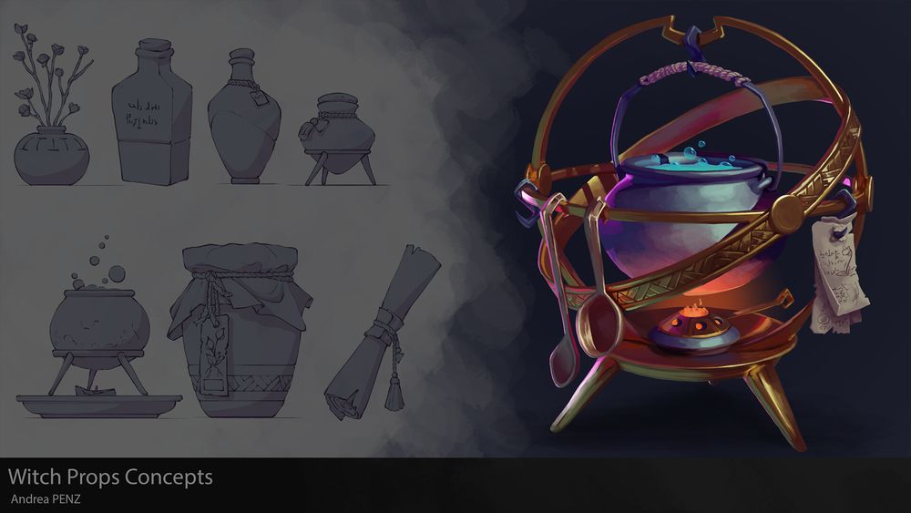 Concept art of a witch's cauldron. The cauldron is hanging from a golden metalic structure made of concentric circles. Next to it are drawings, in a simpler style, of jars and parchments.