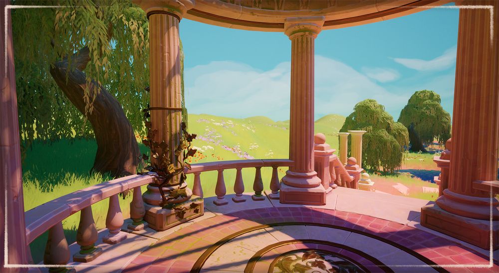 A screenshot of a 3D scene. We are inside a stone pergola, overlooking grassy hills. There are some weeping willows in the distance.