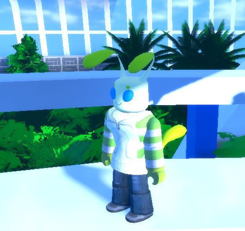 A 3D robloxian version of Pollyanna, obviously, In roblox, surrounded by. green fauna and white. stone?