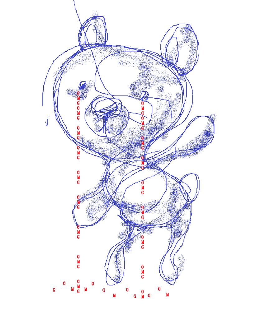 a crudely scribbled teddy bear airbrushed with the mspaint airbrsuh tool cries red "OMG" text onto the floor