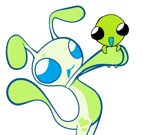 a ms paint drawing featuring two aliens, one drawn with smooth blue lineart, being pollyanna. and the other drawn in black lumpy lineart, being flug.