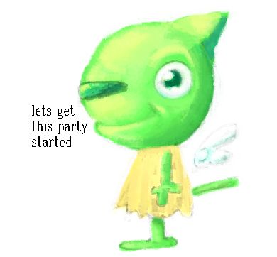 a green cat character wearing a yellow dress and angel wings. there is text next to it that says "lets get this party started"