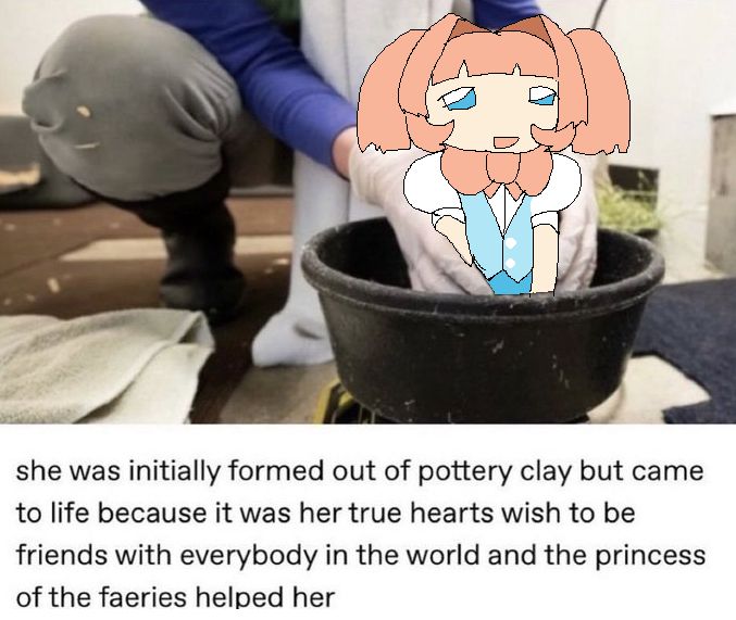 stat, in a bowl being formed.. "she was initally formed out of pottery clay but came to life because it was her true hearts with to be friends with everybody in the world and the princess of the faeries helped her"