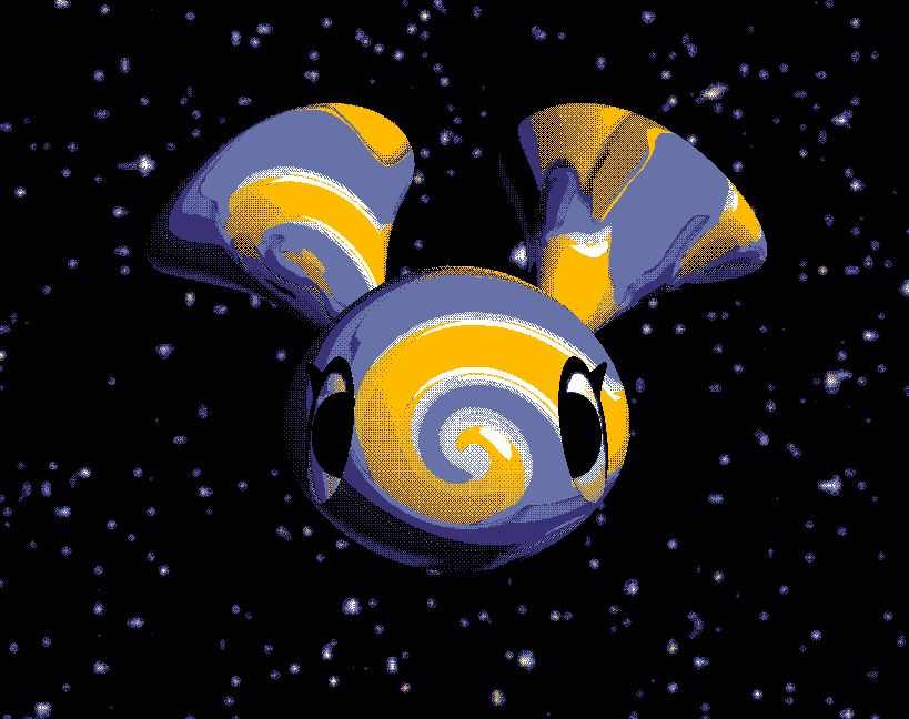 the head of a little spirally creature with large cone-like ears, staring at you from space