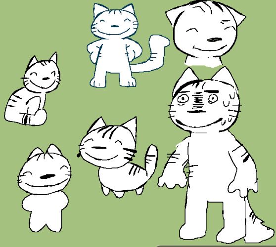 various doodles of a cartoon cat character named gill. drawings vary from them being animal-like to standing on two legs. wow