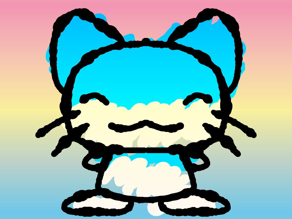 little blue cat scribble on a pink yellow blue gradient background