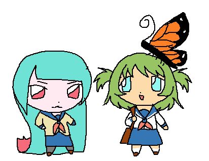 chibi mspaint doodles of two girls in school uniforms, "Viper" being the blue one. "Citrus" being the green one. "helvetica" being the butterfly. they are standing in a white void