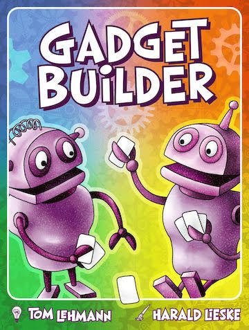 Gadget Builder box cover showing 2 robots playing and discarding cards.