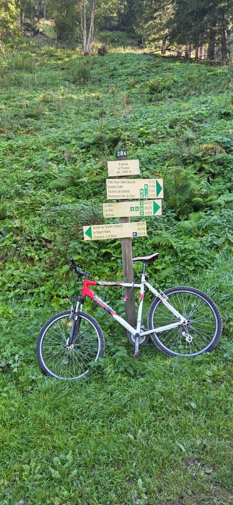 Nakamura bike locked to a signpost for hiking trails in Haute-Savoie department, France. 