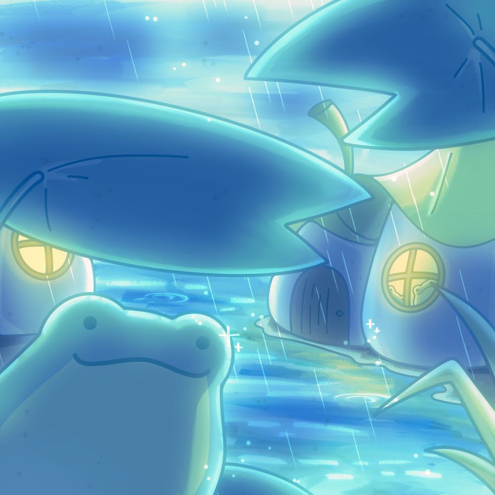 A cute illustration of a village for frogs on a pond. It's raining and a frog in the foreground is taking shelter under a leaf. More frogs can be seen at the window of one of the houses.