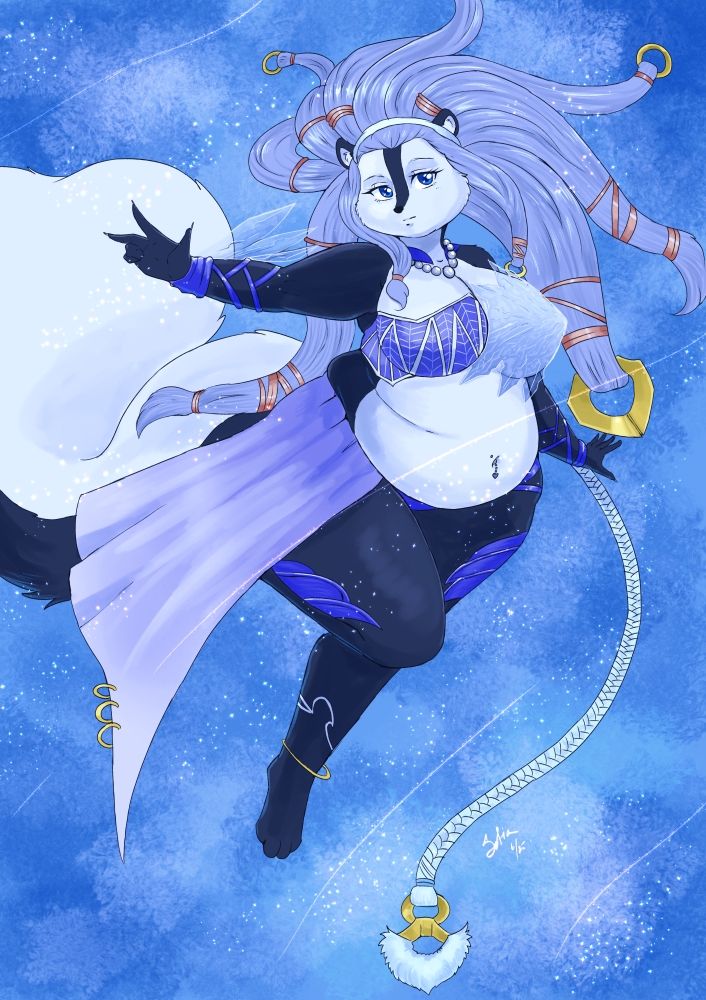 An illustration of an anthropomorphic skunk character with a plus sized figure, dressed as the Summon/Aeon Shiva from Final Fantasy X. 
