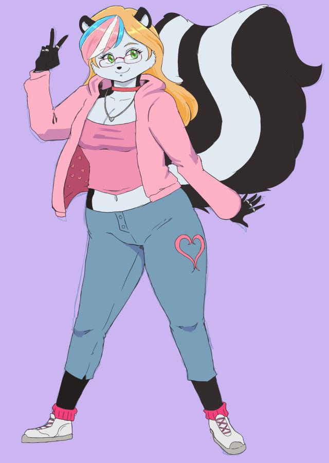 an illustration of a female skunk character with strawberry blonde hair, and black and white fur.  Her bangs are pink, blue, and white striped, as in the transgender pride flag.  She's wearing a pink hoodie and tanktop, and capri cut jeans with a heart design on the left pant leg; white sneakers, and a pair of red-framed glasses.