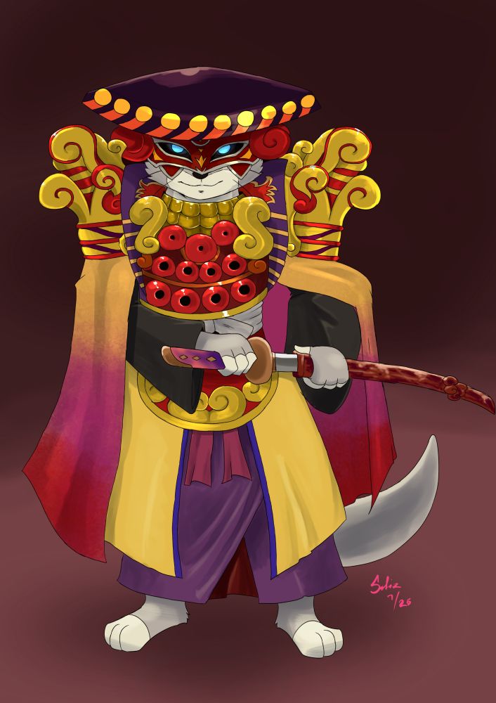 An otter character, dressed as the Aeon (summon) Yojimbo from Final Fantasy X.