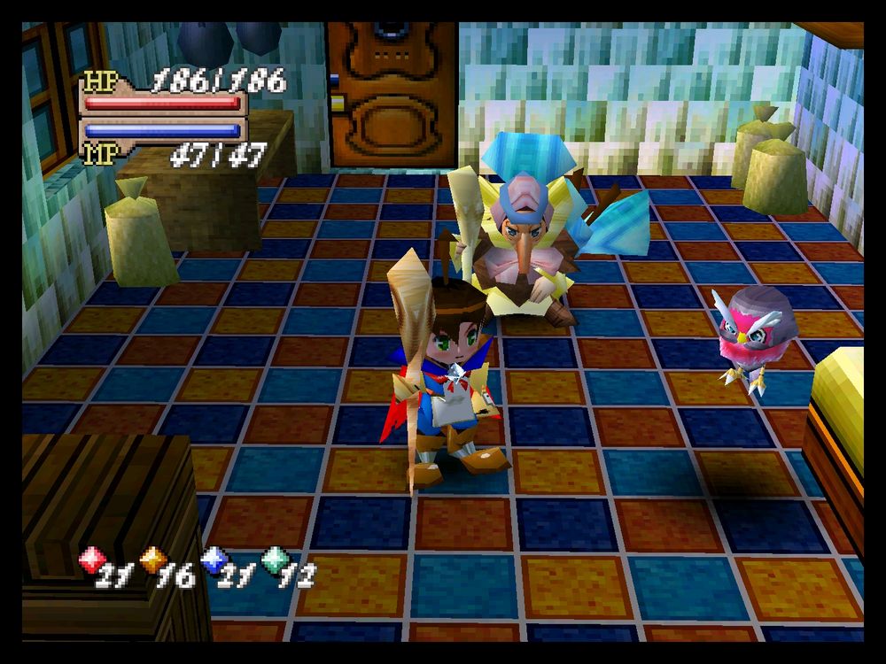 Imagem de um jogo, na cena há um aprendiz de mago e seu cajado sagrado, é Brian ao lado uma maga anciã, a Epona. 