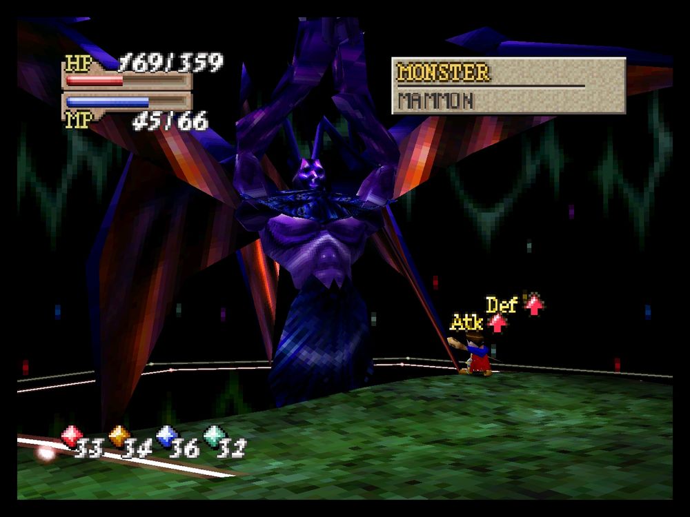 Imagem de um jogo, na cena vemos Brian enfrentar Mammon, um ser meio diabólico. Brian está com indicadores de ataque e defesa.