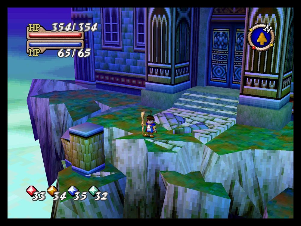 Imagem de um jogo, na cena podemos ver Brian, um aprendiz de mago em um castelo que voa sob uma plataforma rochosa no céu.