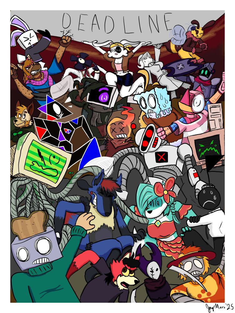 An Art Fight drawing consisting of numerous Art Fight user OCs getting "crunched" by an approaching deadline (And each other), including rabbits, robots, toasterheads, and whatever else. The characters featured and their users (Going left to right in rows from top to bottom):

•Cubic (Kuro_Shirobon, kuroshirobon.bsky.social)
•Rumi Ashford (PhantomYeen, datyeenrumi.bsky.social)
•Klieg Lights (NE0Nbandit)
•Dot (Yours truly)
•Trainmaster Dread (TheRadiance)
•Scarlette (BlueGemini65, bluegemini.bsky.social)
•Knight (Caketii) (End of row)
•Mateo (Moxillian, moxillian.bsky.social)
•Trixyz (Zavixel, zavixel.bsky.social)
•Corey (SlyPixecat771_, slypixecat771.bsky.social)
•Pyre (JellyJynx, jellyjynx.bsky.social)
•Ice Cube Kuznetsov (Shouko_Tman, tmantheguy.bsky.social)
•Java and Lappy (speci) (End of row)
•ka55-13 (isopodfriend, isopodfriend.bsky.social)
•Vaddix Cazzadoro (auramutt)
•Valencia Viers (ZaiSFW)
•Xavier (robobryce03, robobryce03.bsky.social)
•Hinry (Wisp3455, wisp345.bsky.social) (End of row)
•TostiToast (TostiToast, tostitoast.bsky.social)
•Kalv Foxx (KalvinFoxx, kalvinfoxx.bsky.social)
•Otahr (ReptilianNoizezz, reptiliannoizezz.bsky.social)
•Kotsa (GhostHaunter, ghosthaunter.bsky.social) (End of row)