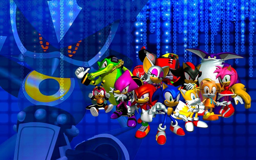An image from Sonic Heroes (Not sure if it was from a promo or what), in which renders of all the characters are assembled together in a group, with a faded image of Metal Sonic in the background. 