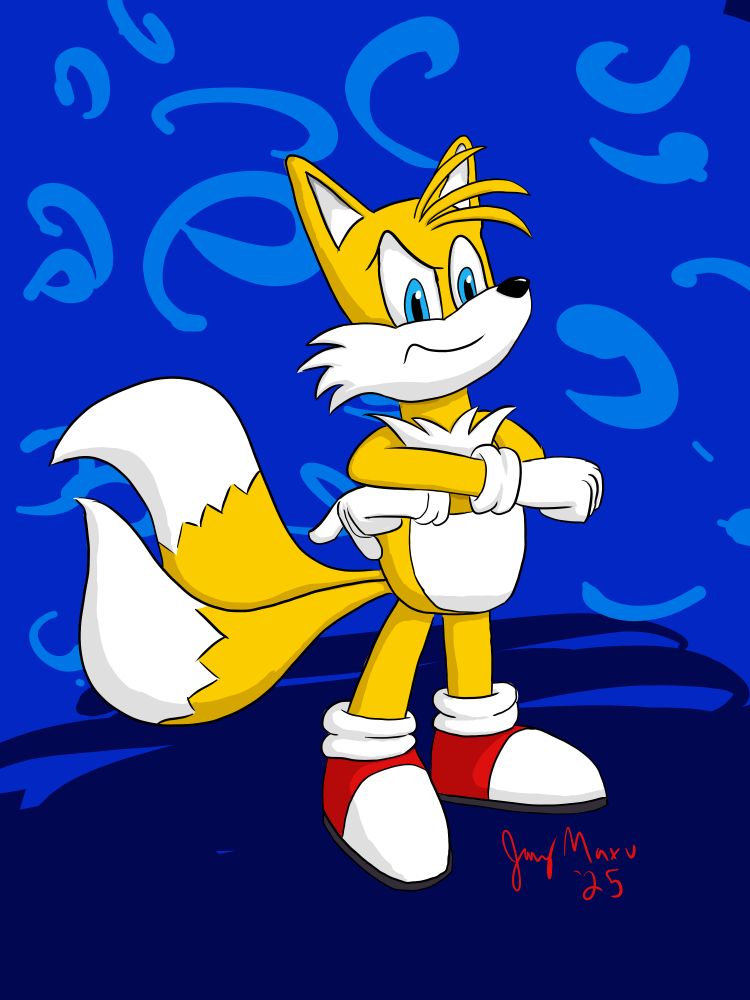 A drawing of Miles "Tails" Prower, based on his pose and depiction from the aforementioned Sonic promo image. I tried to keep to his design there, but I think I ended up with something closer to the Adventures cartoon. His pose goes hard, though