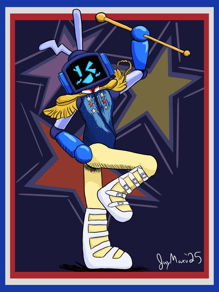 Drawing of @bluegemini.bsky.social's Gembot against an abstract background with stars. Her outfit resembles the "twirler" outfit worn by Chappell Roan in her "HOT TO GO!" music video, with them holding a baton and winking at the viewer.
