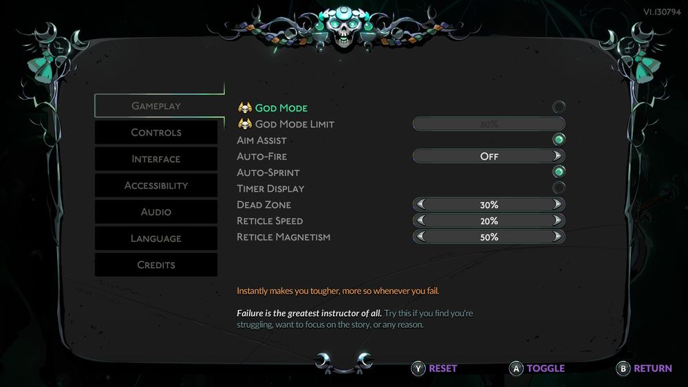 The "gameplay" menu from Hades 2, which shows some of the accessibility settings available. Specifically: God mode, which grants the player increased damage reduction every time they die, plus a limit on that, aim assist, auto-fire, auto-sprint, timer display, dead zone customisation, reticle speed customisation, and reticle "magnetism."