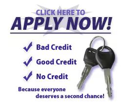 Stock image of car keys: "Click here to APPLY NOW!  Bad credit, good credit, no credit.  Because everyone deserves a second chance!"