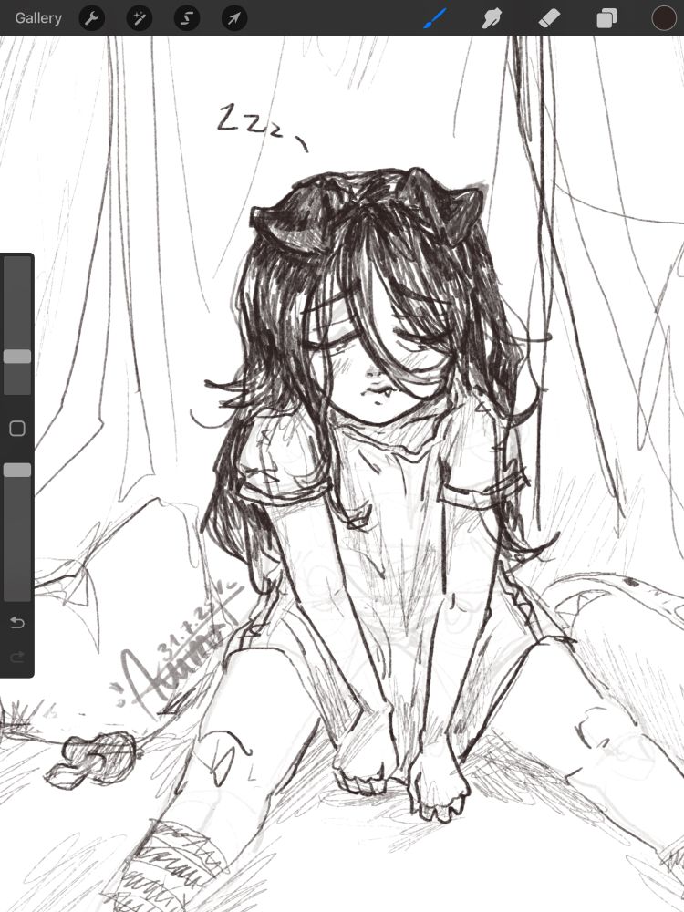 Digital doodle of a sleepy (human) puppy sitting on the bed, besides them is a pacifier and a shark plush. 