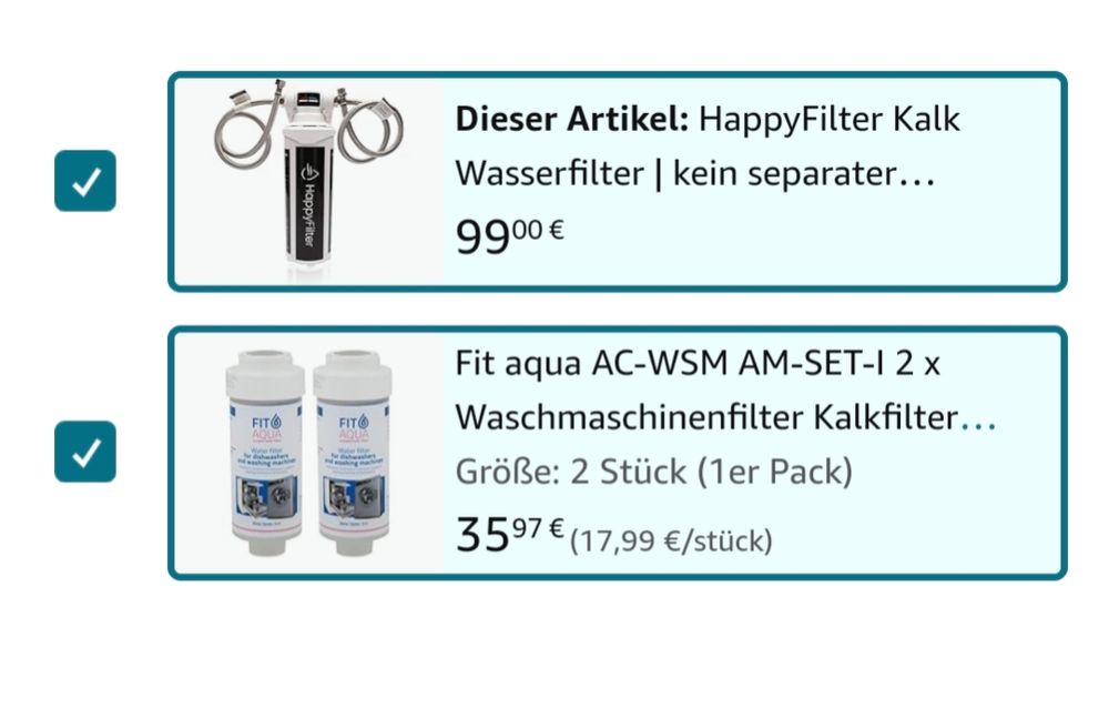 Ein Screenshot von einem Untertisch Wasserfilter und einem Kalkfilter für die Waschmaschine