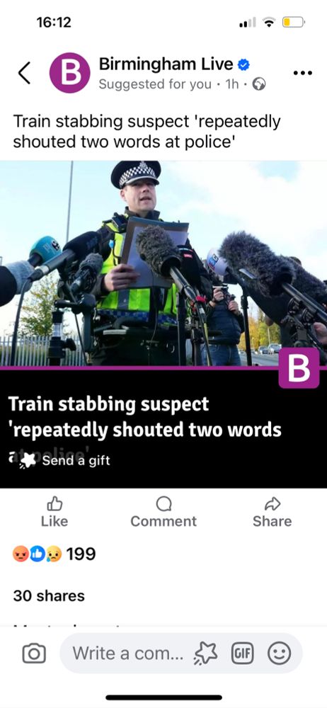 FB post from Birmingham Live. 

Train stabbing suspect 'repeatedly shouted two words at police'