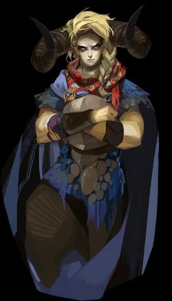 
Personagem Jodariel de Pyre (Supergiant), mulher muito alta, loira, robusta e semblante sério com chifres de bode enrolados de baixo pra cima e frente. Usa camisa e capa azul, com armadura cor de estanio. Usa algo similar a uma echarpe vermelha abaixo da linha do pescoço. Braços estão desnudos com braceletes marrons em cada braço.