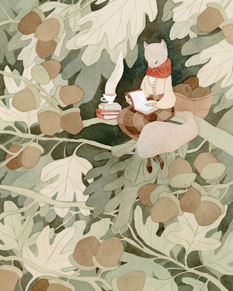 gouache painting of a squirrel reading a book with a cup of tea amid the branches of an oak tree