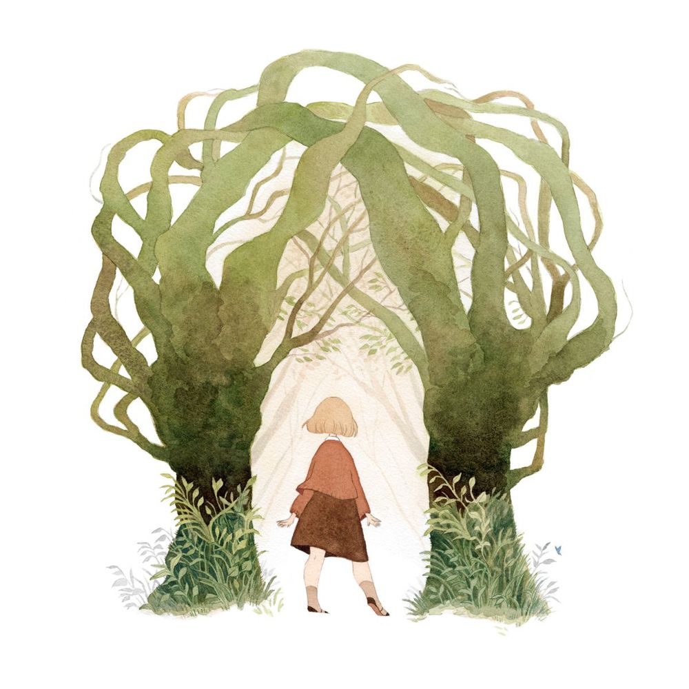 watercolor and gouache painting of a young girl standing on the threshold of a magical doorway made of trees
