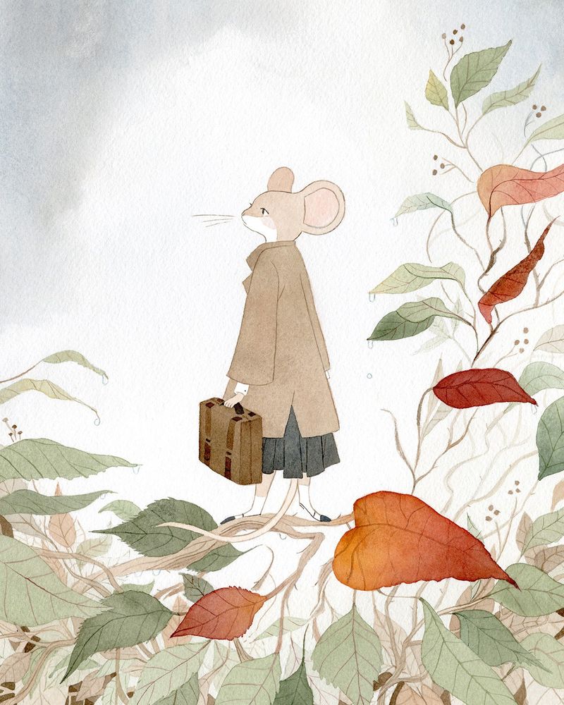 gouache painting of a mouse dressed in an overcoat and holding a briefcase standing amid leaves as though preparing to go on a journey